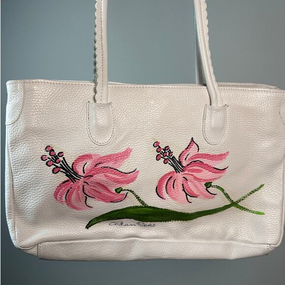 Vintage Cecconi Piero Leather Hand Painted Floral White Pebble Shoulder Bag - Picture 4 of 14